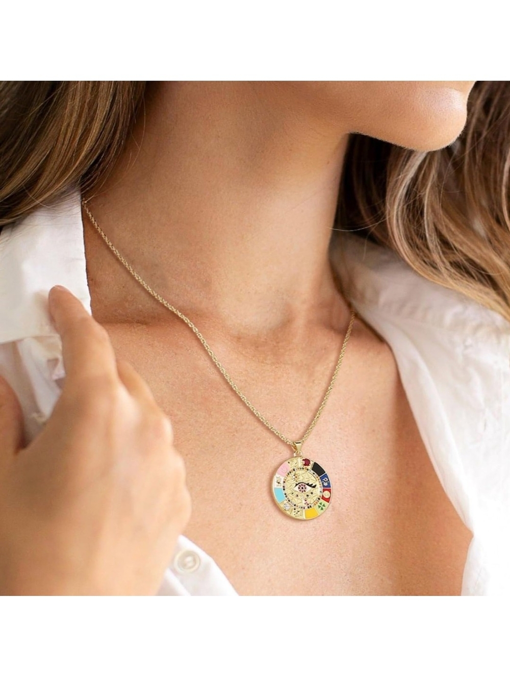 Gold Multi-Color Enamel Lucky Eye Pendant Necklace - Picture 7 of 7